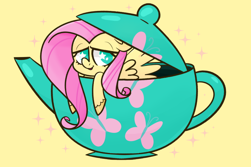 Size: 800x533 | Tagged: safe, artist:nelebratory, derpibooru import, part of a set, fluttershy, pegasus, pony, colored hooves, cup, cup of pony, cute, female, floppy ears, lidded eyes, looking at you, mare, micro, shyabetes, smiling, solo, starry eyes, teapot, wingding eyes, wings