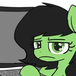 Size: 800x800 | Tagged: safe, artist:skitter, derpibooru import, oc, oc:anonfilly, unofficial characters only, earth pony, pony, computer, disapproval, exploitable meme, female, filly, filly anon is not amused, looking at you, looking back, meme, not amused face, reaction image, really?, simple background, solo, transparent background, unamused