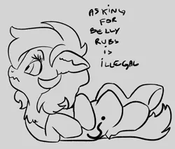 Size: 1148x973 | Tagged: safe, artist:lockhe4rt, derpibooru import, oc, oc:anonfilly, unofficial characters only, bellyrubs, chest fluff, dialogue, ear fluff, female, filly, leg fluff, lineart, looking back, lying down, question mark, simple background, text, wavy mouth, white background, wide eyes