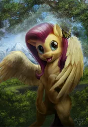 Size: 4041x5806 | Tagged: safe, artist:zilvart, derpibooru import, fluttershy, butterfly, pegasus, pony, absurd resolution, beautiful, bipedal, bust, female, floppy ears, happy, head turn, looking at you, mare, outdoors, portrait, smiling, uncanny valley, wings