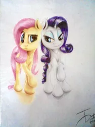 Size: 2736x3648 | Tagged: safe, artist:thatdreamerarts, derpibooru import, fluttershy, rarity, pony, colored, looking at each other, pencil drawing, raised hoof, traditional art