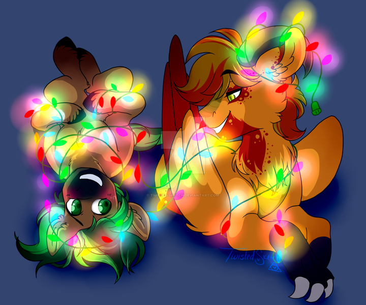 Size: 1280x1067 | Tagged: artist:twisted-sketch, christmas, christmas lights, derpibooru import, holiday, oc, oc:grit, oc:jaeger, oc:jaeger sylva, original species, safe, unofficial characters only