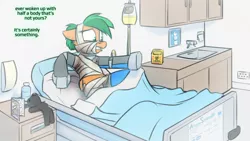 Size: 1280x720 | Tagged: safe, artist:captainhoers, derpibooru import, oc, oc:atom smasher, unofficial characters only, cyborg, pegasus, pony, the sunjackers, amputee, bed, canterlot, cyberpunk, female, hospital, hospital bed, mare, new canterlot, prosthetic limb, prosthetics, quadruple amputee