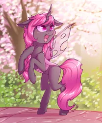 Size: 1920x2304 | Tagged: artist:dsp2003, braid, changeling, changeling queen, changeling queen oc, cherry blossoms, cherry tree, commission, cute, cuteling, cute little fangs, derpibooru import, fangs, female, flower, flower blossom, mare, oc, oc:esalen, open mouth, pink changeling, rearing, safe, slit eyes, solo, tree, unofficial characters only