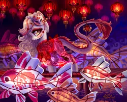 Size: 2067x1654 | Tagged: safe, artist:holivi, derpibooru import, oc, unofficial characters only, dracony, dragon, fish, hybrid, koi, pony, bell, clothes, commission, eyeshadow, fangs, female, koi fish, lantern, lidded eyes, looking at you, makeup, mare, mask, paper lantern, pier, profile, see-through, slit eyes, smiling, solo, tail fluff, tail wrap, walking