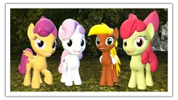 Size: 1920x1080 | Tagged: safe, artist:tbwinger92, derpibooru import, apple bloom, scootaloo, sweetie belle, oc, pony, 3d, cutie mark, cutie mark crusaders, female, filly, gmod, photo, simple background, the cmc's cutie marks, transparent background