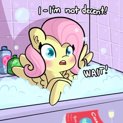 Size: 1650x1650 | Tagged: safe, artist:tjpones, derpibooru import, fluttershy, pegasus, pony, bath, blushing, bottle, bubble, bubble bath, cosmopolitan, cute, d:, dialogue, embarrassed, female, glass, leaning, lewd, looking at you, magazine, mare, open mouth, shampoo, shyabetes, solo, spread wings, we don't normally wear clothes, wide eyes, wine glass, wings