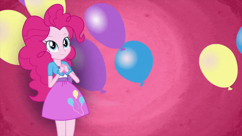 Size: 800x450 | Tagged: safe, derpibooru import, screencap, pinkie pie, equestria girls, animated, balloon, geode of sugar bombs, gif, looking at you, magical geodes, solo