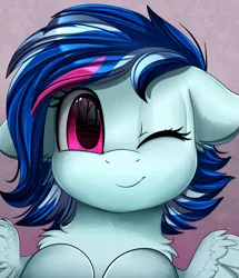 Size: 1722x2003 | Tagged: safe, artist:pridark, derpibooru import, oc, oc:yun flow, unofficial characters only, pegasus, pony, bust, commission, cute, floppy ears, looking at you, ocbetes, one eye closed, portrait, smiling, solo, wink