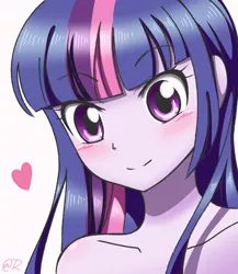 Size: 650x750 | Tagged: safe, artist:tastyrainbow, derpibooru import, twilight sparkle, twilight sparkle (alicorn), alicorn, equestria girls, anime, bare shoulder portrait, bare shoulders, big eyes, blushing, bust, cute, implied nudity, looking at you, portrait, smiley face, solo, twiabetes