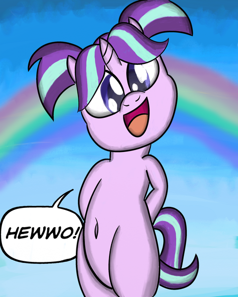 Size: 2400x3000 | Tagged: safe, artist:saburodaimando, derpibooru import, starlight glimmer, semi-anthro, unicorn, belly button, bipedal, cute, female, filly, filly starlight glimmer, glimmerbetes, head tilt, looking at you, open mouth, pigtails, rainbow, sky, smiling, solo, speech bubble, speech impediment, younger