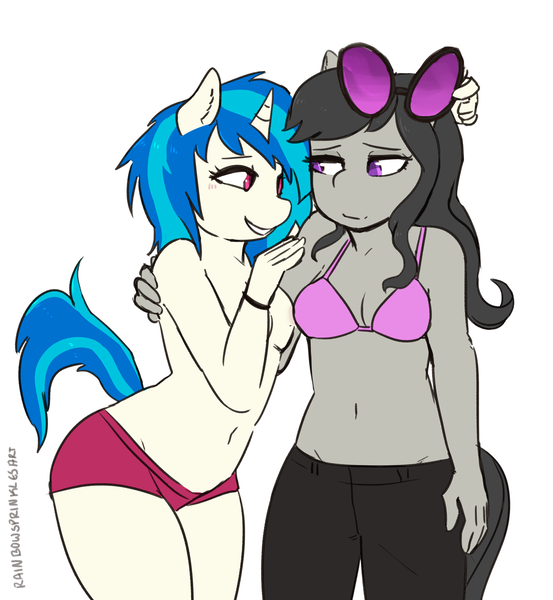 Size: 2500x2711 | Tagged: questionable, artist:rainbowsprinklesart, derpibooru import, octavia melody, vinyl scratch, anthro, earth pony, unicorn, belly button, boyshorts, bra, breasts, clothes, female, lesbian, looking at each other, midriff, panties, pants, partial nudity, scratchtavia, shipping, shorts, simple background, small breasts, smiling, sunglasses, topless, underwear, white background