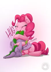 Size: 955x1351 | Tagged: safe, artist:mysticalpha, derpibooru import, pinkie pie, spike, dragon, earth pony, pony, eyes closed, female, glomp, hape, happy, hug, male, mare, open mouth, smiling, spikelove, winged spike