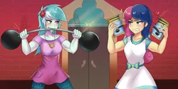 Size: 2200x1100 | Tagged: safe, artist:tzc, derpibooru import, bon bon, lyra heartstrings, sweetie drops, all's fair in love and friendship games, equestria girls, friendship games, anime, barbell, biceps, bon bombastic, book, canterlot high, clothes, commission, cutie mark necklace, doors, gritted teeth, lyra hamstrings, mouth hold, muscles, pants, phone book, scene interpretation, yellow pages