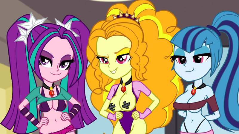 Size: 1366x768 | Tagged: questionable, derpibooru import, edit, edited edit, edited screencap, editor:mlp-gft, screencap, adagio dazzle, aria blaze, sonata dusk, equestria girls, areola, breasts, clothes, female, females only, nipple tape, panties, pasties, the dazzlings, thong, trio, underwear