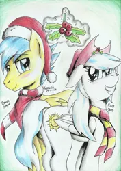 Size: 1651x2331 | Tagged: safe, artist:3500joel, derpibooru import, oc, oc:blavesword, oc:rose moon, unofficial characters only, pegasus, pony, christmas, clothes, cowboy hat, female, hat, holiday, holly, holly mistaken for mistletoe, magic, male, mare, santa hat, scarf, stallion, stetson, traditional art
