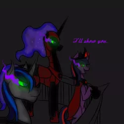 Size: 400x400 | Tagged: safe, artist:sinsays, derpibooru import, part of a set, nightmare moon, princess luna, shining armor, twilight sparkle, alicorn, pony, unicorn, ask corrupted twilight sparkle, tumblr:ask corrupted twilight sparkle, alternate timeline, armor, betrayal, cape, clothes, color change, colored horn, corrupted, corrupted element of harmony, corrupted element of magic, corrupted luna, corrupted nightmare moon, corrupted shining armor, corrupted twilight sparkle, crown, curved horn, dark, dark equestria, dark magic, dark queen, dark world, darkened coat, darkened hair, ethereal mane, glowing eyes, hoof shoes, horn, jewelry, magic, mind control, necklace, part of a series, possessed, queen twilight, regalia, sombra empire, sombra eyes, sombra's horn, sombrafied, tiara, trio, tumblr, twilight is anakin, tyrant sparkle, unicorn twilight