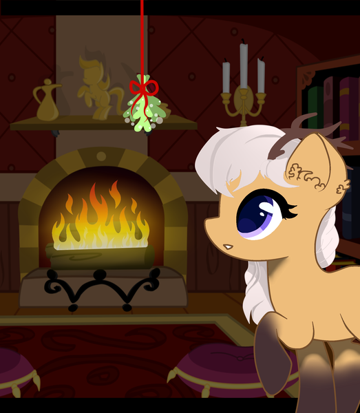 Size: 1950x2236 | Tagged: safe, artist:reterica, derpibooru import, oc, oc:antler pone, unofficial characters only, pony, antlers, bookshelf, candle, fire, fireplace, mistletoe, purple eyes, solo, white mane