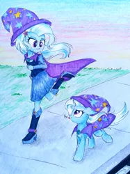 Size: 1741x2322 | Tagged: safe, artist:liaaqila, derpibooru import, trixie, pony, unicorn, equestria girls, :p, boots, cape, chest fluff, clothes, cute, diatrixes, dress, ear fluff, eye contact, fall formal outfits, female, floppy ears, fluffy, grass, grin, hat, high heel boots, human ponidox, leg fluff, lidded eyes, looking at each other, mare, marker drawing, neck fluff, race, racing, running, self ponidox, shoes, sidewalk, silly, size difference, skirt, smiling, smirk, solo, tongue out, traditional art, trixie's cape, trixie's hat, windswept mane