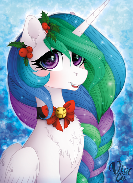 Size: 1460x2020 | Tagged: safe, artist:vird-gi, derpibooru import, princess celestia, alicorn, pony, blushing, braid, chest fluff, christmas, cute, cutelestia, female, holiday, holly, looking at you, mare, open mouth, solo