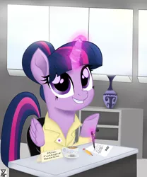 Size: 2500x3000 | Tagged: safe, artist:theretroart88, derpibooru import, twilight sparkle, twilight sparkle (alicorn), alicorn, pony, clothes, coffee, cup, drink, female, looking at you, magic, mare, misspelling, movie accurate, office, pencil, smiling, solo, telekinesis, window