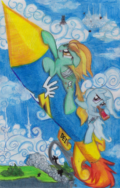 Size: 2475x3864 | Tagged: safe, artist:deihiru, derpibooru import, lightning dust, trixie, pegasus, pony, unicorn, bandage, bandaged wing, bottle, cloud, cloudy, drinking, flying, hilarious in hindsight, injured, injured wing, on a cloud, rocket, sitting, sitting on cloud, traditional art, wings, wonderbolts logo