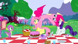 Size: 1280x720 | Tagged: a canterlot wedding, basket, cake, cup, derpibooru import, drinking straw, flipping, fluttershy, food, picnic, picnic basket, picnic blanket, pinkie pie, plate, rarity, safe, sandwich, screencap, scroll, spike, teacup, teapot, tree, twilight sparkle