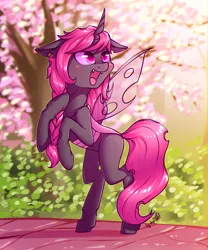 Size: 1918x2304 | Tagged: alternate version, artist:dsp2003, braid, changeling, changeling queen, changeling queen oc, cherry blossoms, cherry tree, chromatic aberration, commission, cute, cuteling, cute little fangs, derpibooru import, fangs, female, flower, flower blossom, mare, oc, oc:esalen, open mouth, pink changeling, rearing, safe, slit eyes, solo, tree, unofficial characters only