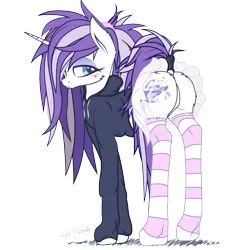 Size: 1263x1263 | Tagged: suggestive, artist:lexifyrestar, derpibooru import, oc, oc:lexi fyrestar, pony, unicorn, butt, clopstar, clothes, cute, female, hoodie, looking back, mare, plot, skirt, skirt lift, socks, stockings, striped socks, tail wrap, thigh highs