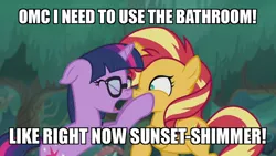Size: 800x450 | Tagged: safe, derpibooru import, edit, edited screencap, screencap, sci-twi, sunset shimmer, twilight sparkle, ponified, pony, unicorn, equestria girls, equestria girls series, spring breakdown, spoiler:eqg series (season 2), bathroom denial, boop, caption, cutie mark, desperation, emergency, equestria girls ponified, exclamation point, eyes closed, female, forest, glasses, holding, mare, meme, need to pee, nose to nose, noseboop, omorashi, one hoof raised, open eyes, open mouth, outdoors, potty emergency, potty time, scrunchy face, standing, stars, sun, text, tree, unicorn sci-twi, wall of tags, yelling