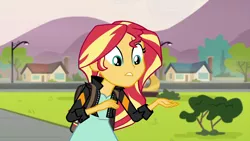 Size: 1280x720 | Tagged: safe, derpibooru import, screencap, sunset shimmer, equestria girls, friendship games, bush, driveway, house, solo, tree