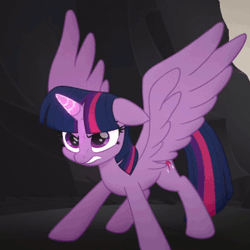 Size: 800x800 | Tagged: alicorn, angry, animated, basalt beach, cropped, derpibooru import, edit, edited screencap, female, floppy ears, frown, gif, glare, glowing horn, gritted teeth, horn, loop, magic, mama bear, mama twilight, mare, my little pony: the movie, safe, screencap, solo, spread wings, twilight sparkle, twilight sparkle (alicorn), wings