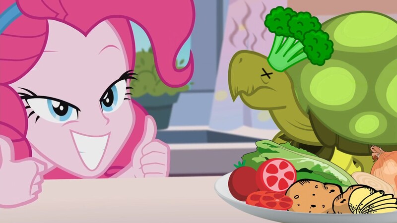 Size: 1368x770 | Tagged: safe, derpibooru import, edit, edited screencap, screencap, pinkie pie, turtle, equestria girls, equestria girls series, broccoli, food, kitchen, moral event horizon, onion, parody, potato, roasted, smiley face, tankabuse, tomato