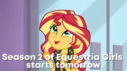 Size: 1280x720 | Tagged: safe, derpibooru import, edit, edited screencap, screencap, sunset shimmer, a fine line, equestria girls, equestria girls series, caption, cute, excited, image macro, shimmerbetes, soon, text, text edit
