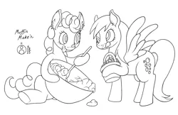 Size: 1000x648 | Tagged: safe, artist:sepiakeys, derpibooru import, derpy hooves, pinkie pie, earth pony, pegasus, pony, baking, basket, blueberry, bowl, duo, duo female, female, food, mare, mixing bowl, monochrome, tongue out