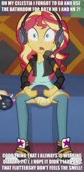 Size: 353x718 | Tagged: safe, derpibooru import, edit, edited screencap, screencap, fluttershy, sunset shimmer, equestria girls, equestria girls series, game stream, spoiler:eqg series (season 2), abdl, caption, clothes, controller, converse, couch, cropped, diaper, diaper fetish, dress, engrish, eyes open, female, fetish, floor, furniture, gamer, hand, headphones, holding, implied diaper, indoors, jacket, leather jacket, meme, open mouth, pants, shirt, shoes, sitting, sneakers, stars, sunset gamer, text, text edit, wall, woman