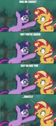 Size: 1920x4280 | Tagged: safe, derpibooru import, edit, edited screencap, screencap, sci-twi, sunset shimmer, twilight sparkle, ponified, pony, unicorn, equestria girls, equestria girls series, spring breakdown, caption, dialogue, equestria girls ponified, glasses, image macro, impact font, implied hugging, implied nudity, text, unicorn sci-twi, we don't normally wear clothes