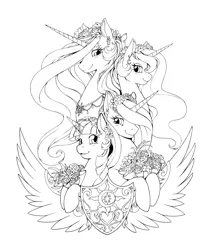 Size: 3752x4380 | Tagged: safe, artist:longinius, derpibooru import, princess cadance, princess celestia, princess luna, twilight sparkle, twilight sparkle (alicorn), alicorn, pony, alicorn tetrarchy, bust, crest, female, flower, flower in hair, horn, horn ring, jewelry, mare, monochrome, necklace, ring, shield, smiling