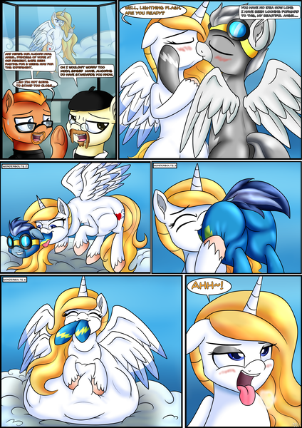 Size: 2894x4093 | Tagged: questionable, artist:novaspark, derpibooru import, oc, oc:angel, oc:angelissa, oc:bushy mustache, oc:lightning flash, oc:singed mane, ponified, unofficial characters only, pony, comic:vorebusters, adam savage, belly, belly bed, big belly, blushing, butt, butt touch, clothes, comic, fetish, for science, hoof on butt, huge belly, impossibly large belly, jamie hyneman, kissing, multiple prey, mythbusters, plot, throat bulge, uniform, vore, wonderbolt oc, wonderbolts, wonderbolts uniform