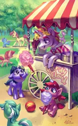 Size: 1378x2205 | Tagged: safe, artist:holivi, derpibooru import, daisy, flower wishes, lyra heartstrings, roseluck, oc, oc:bender watt, oc:holivi, alicorn, earth pony, pegasus, pony, unicorn, alicorn oc, ball, clothes, colt, cotton candy, cute, eating, female, filly, floppy ears, food, grass, holiwatt, horn, magic, male, mare, oc x oc, open mouth, shipping, signature, sitting, smiling, stallion, straight, telekinesis, tongue out, tree, wings