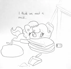 Size: 1313x1284 | Tagged: safe, artist:tjpones, derpibooru import, oc, oc:brownie bun, unofficial characters only, earth pony, pony, black and white, blanket, broom, can, dialogue, dustpan, ear fluff, grayscale, lineart, lying, monochrome, simple background, solo, traditional art, trash bag, white background