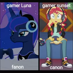 Size: 1517x1517 | Tagged: safe, artist:forgalorga, derpibooru import, edit, screencap, princess luna, sunset shimmer, alicorn, pony, gamer luna, equestria girls, equestria girls series, game stream, spoiler:eqg series (season 2), clothes, controller, converse, cropped, dream, everyone loves princess luna, female, headphones, night, pillow, shoes, side by side, sneakers, something about the princesses, sunset gamer, text edit