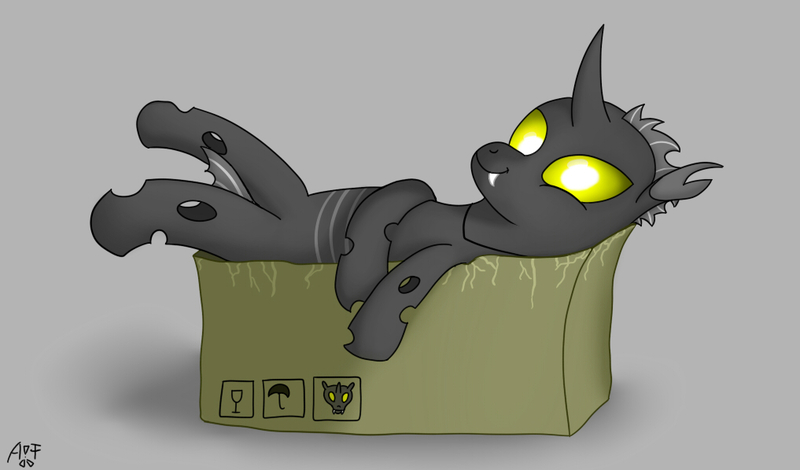 Size: 1017x598 | Tagged: artist:atomfliege, box, changeling, changeling in a box, changeling oc, derpibooru import, gray background, lying down, male, oc, oc:warplix, safe, simple background, solo, unofficial characters only, yellow changeling