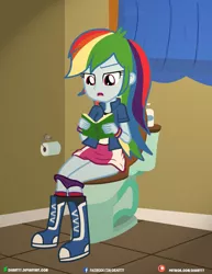 Size: 3090x4000 | Tagged: suggestive, artist:dieart77, derpibooru import, rainbow dash, equestria girls, bathroom, book, but why, clothes, female, panties, panties around legs, panties pulled down, pants, pants down, patreon, patreon logo, potty time, purple underwear, reading, solo, solo female, toilet, underwear