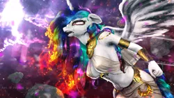 Size: 3265x1837 | Tagged: 3d, absolute cleavage, abstract background, alicorn, anthro, armpits, artist:princeoracle, belly button, belly chain, bocas top, bondage, bracer, breasts, chains, cheek fluff, chest fluff, chin fluff, cleavage, clothes, crown, crying, derpibooru import, ear fluff, erect nipples, female, floppy ears, fluffy, frown, jewelry, mare, midriff, neck fluff, nipple outline, nose fluff, open mouth, princess celestia, regalia, shoulder fluff, side slit, solo, solo female, spread wings, suggestive, wide eyes, wing fluff, wings