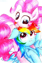 Size: 1959x2938 | Tagged: safe, artist:liaaqila, derpibooru import, pinkie pie, rainbow dash, earth pony, pegasus, pony, :p, chest fluff, cute, dashabetes, diapinkes, ear fluff, female, lesbian, mare, pinkiedash, shipping, silly, simple background, smiling, tongue out, traditional art, white background