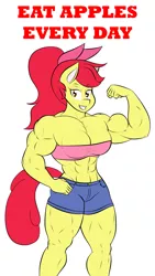 Size: 1161x2062 | Tagged: 1000 years in photoshop, abs, anthro, apple bloom, apple brawn, artist:calm wind, artist:matchstickman, bandeau, biceps, big breasts, bow, breasts, busty apple bloom, buy some apples, clothes, deltoids, derpibooru import, edit, flexing, matchstickman's apple brawn series, midriff, muscles, older, older apple bloom, pecs, suggestive