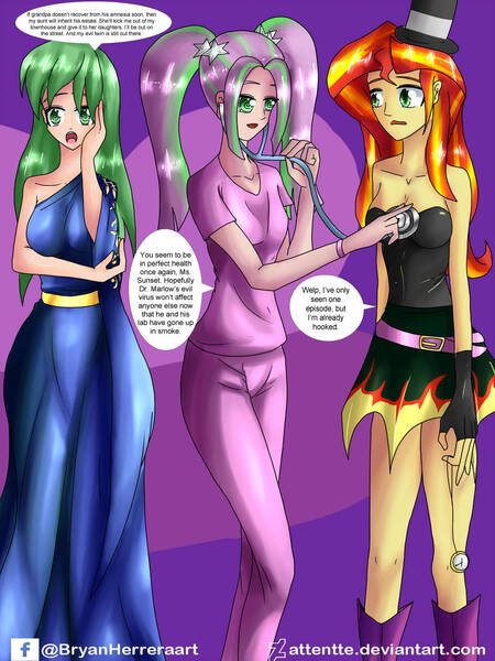 Size: 1024x1366 | Tagged: safe, artist:attentte, derpibooru import, aria blaze, lemon zest, sunset shimmer, equestria girls, clothes, evening gloves, evening gown, gloves, heartbeat, hypnosis, hypnotist, hypnotized, kind, listening, long gloves, nurse, personality swap, scrubs, soap opera, spiral, stage, stethoscope, swirly eyes, trance