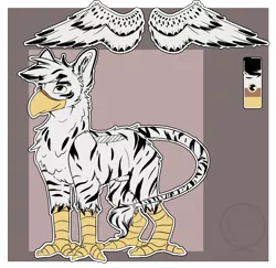 Size: 4335x4208 | Tagged: suggestive, artist:fizzwings, derpibooru import, oc, oc:warren, unofficial characters only, gryphon, original species, zebra, zebragriff, absurd resolution, beak, chest fluff, leonine tail, male, nudity, reference sheet, sheath, solo, solo male, talons, watermark, wings, zerb