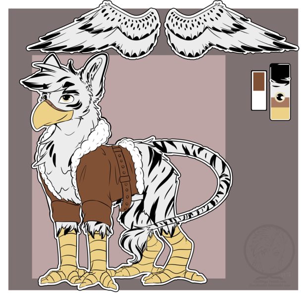 Size: 4335x4208 | Tagged: safe, artist:fizzwings, derpibooru import, oc, oc:warren, gryphon, hybrid, original species, zebra, zebragriff, absurd resolution, beak, bomber jacket, butt fluff, cheek fluff, chest fluff, clothes, ear fluff, fluffy, jacket, leg fluff, leonine tail, looking up, neck fluff, nudity, reference sheet, sheath, smiling, smirk, solo, stripes, tail fluff, talons, wing fluff, wings, zerb